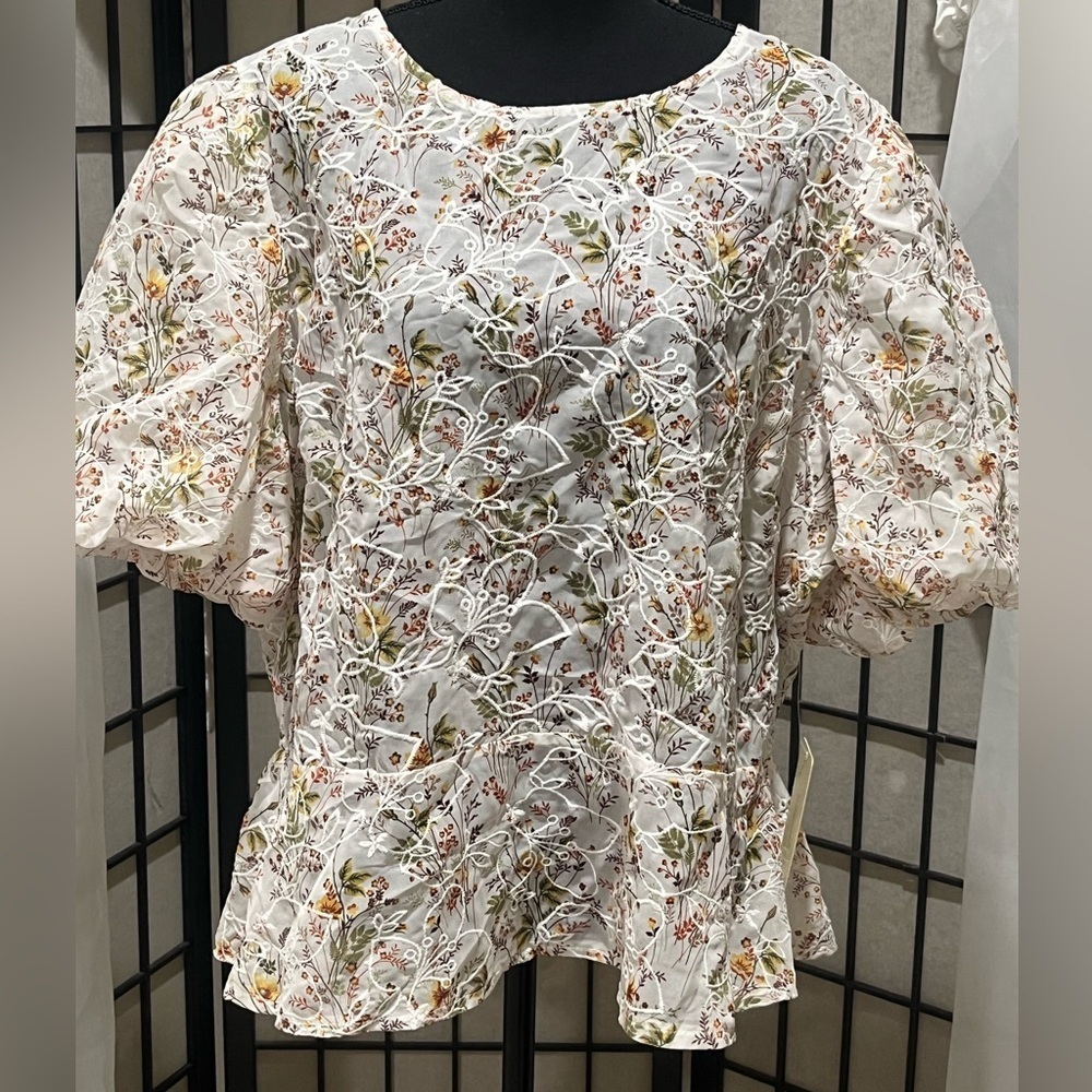 Peach Floral embroidered Lace Blouse WITH SHORT PUFF SLEEVES PLUS SIZE 3X